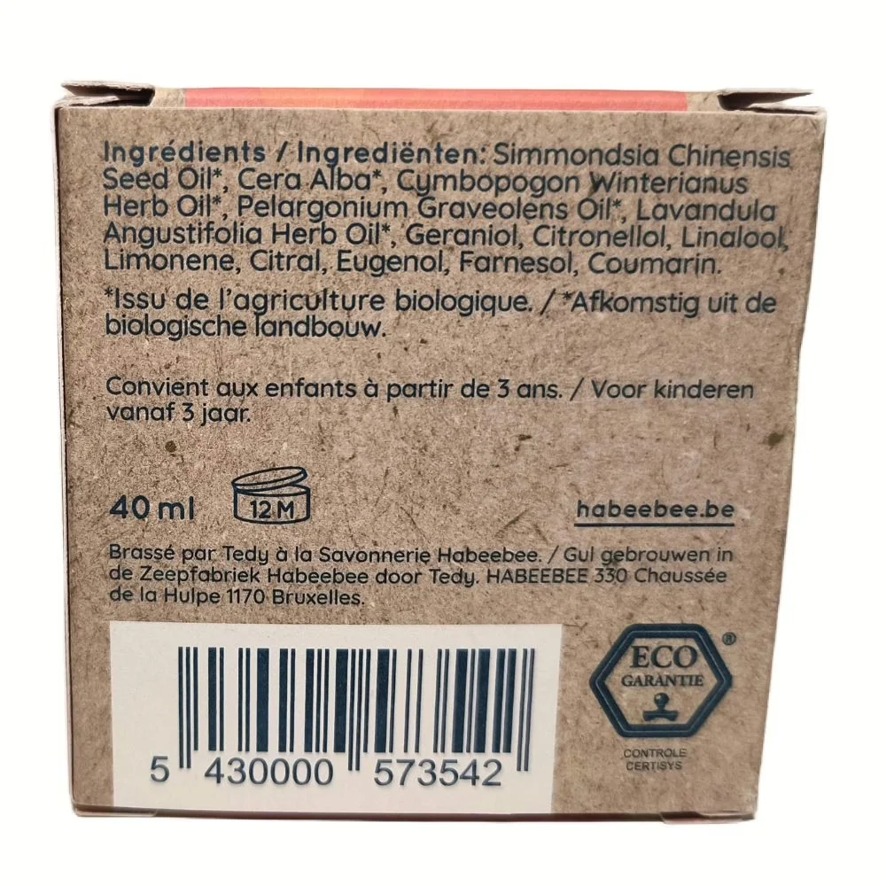 Achterkant van het doosje van Habeebee zomeravond met ingrediëntenlijst en Eco Garantie label