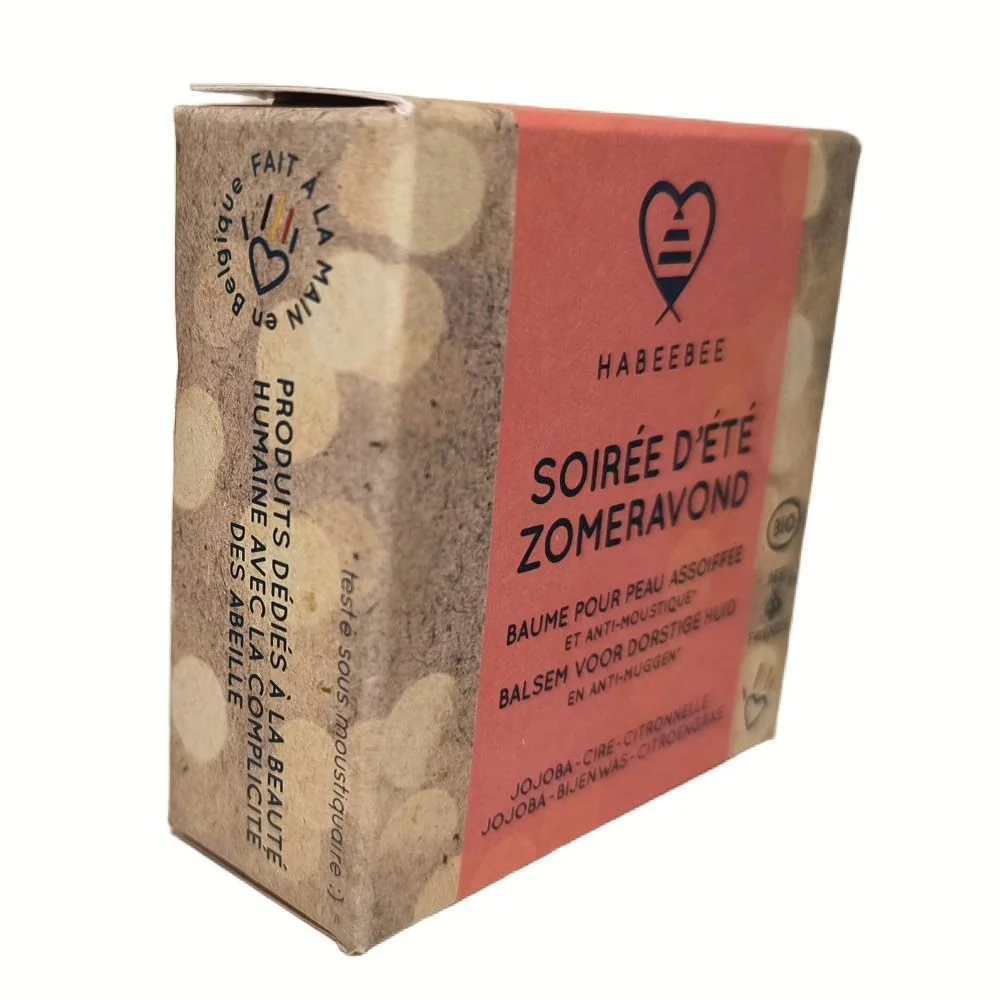 Zijkant van het kartonnen doosje van Habeebee balsem Soirée d'Été Zomeravond met jojoba, bijenwas en citroengras