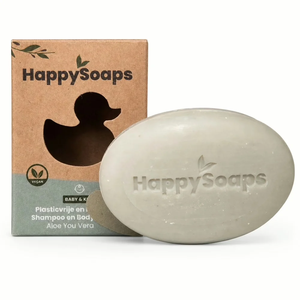 HappySoaps 2-in-1 Baby & Kids Shampoo Body Wash Bar Aloe You Vera Much naast plasticvrije verpakking