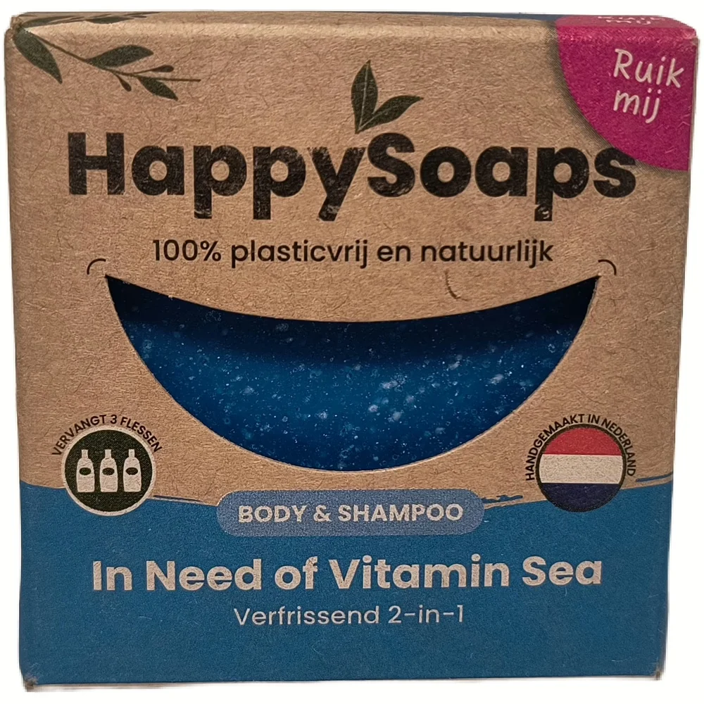 Kraftkleurig doosje van HappySoaps 2-in-1 Shampoo & Body Wash Bar In Need of Vitamin Sea met blauwe zeepbar