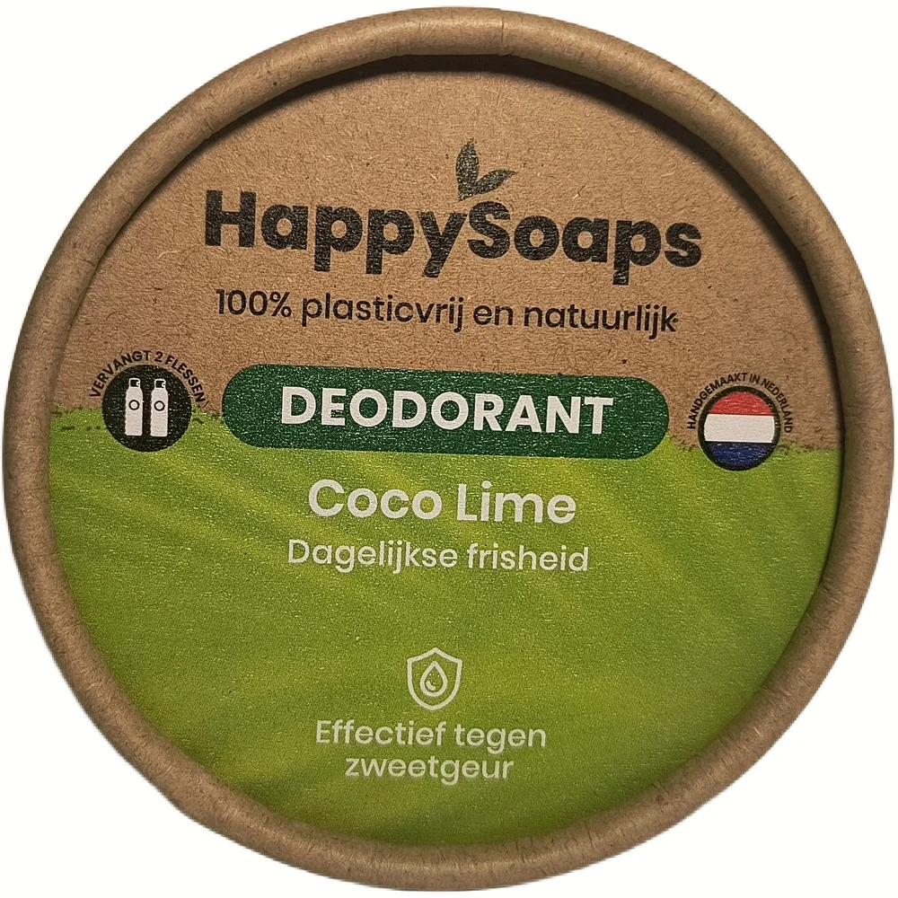 Bovenaanzicht van het deksel van HappySoaps natuurlijke deodorant Coco Lime, plasticvrij en effectief tegen zweetgeur