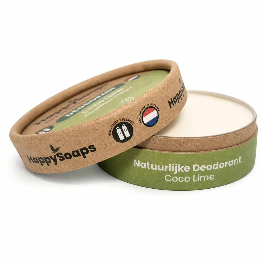 HappySoaps natuurlijke deodorant Coco Lime in een open kartonnen doosje