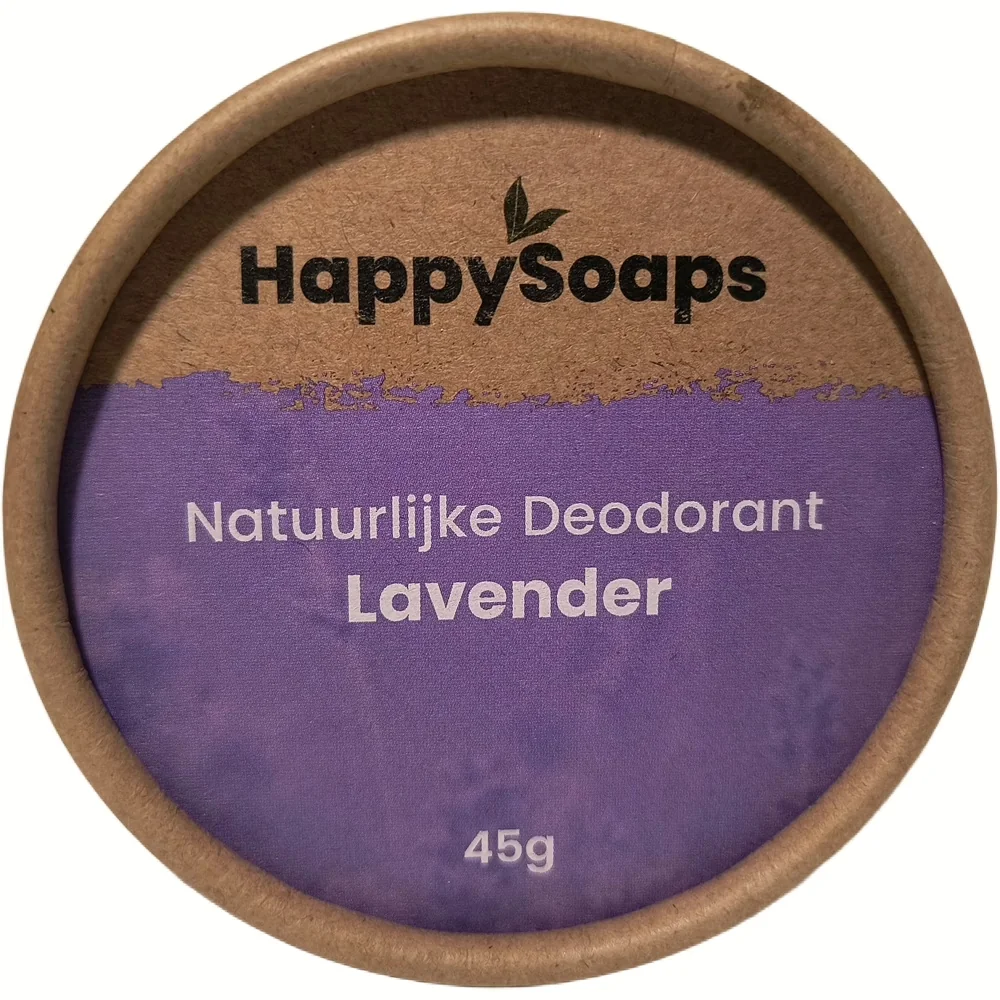 Bovenaanzicht van het kartonnen doosje HappySoaps Natuurlijke Deodorant Lavendel, 45g