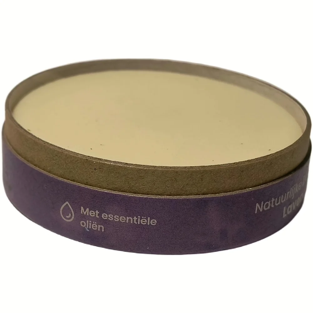 Bovenaanzicht van HappySoaps natuurlijke deodorant met lavendel in kartonnen verpakking