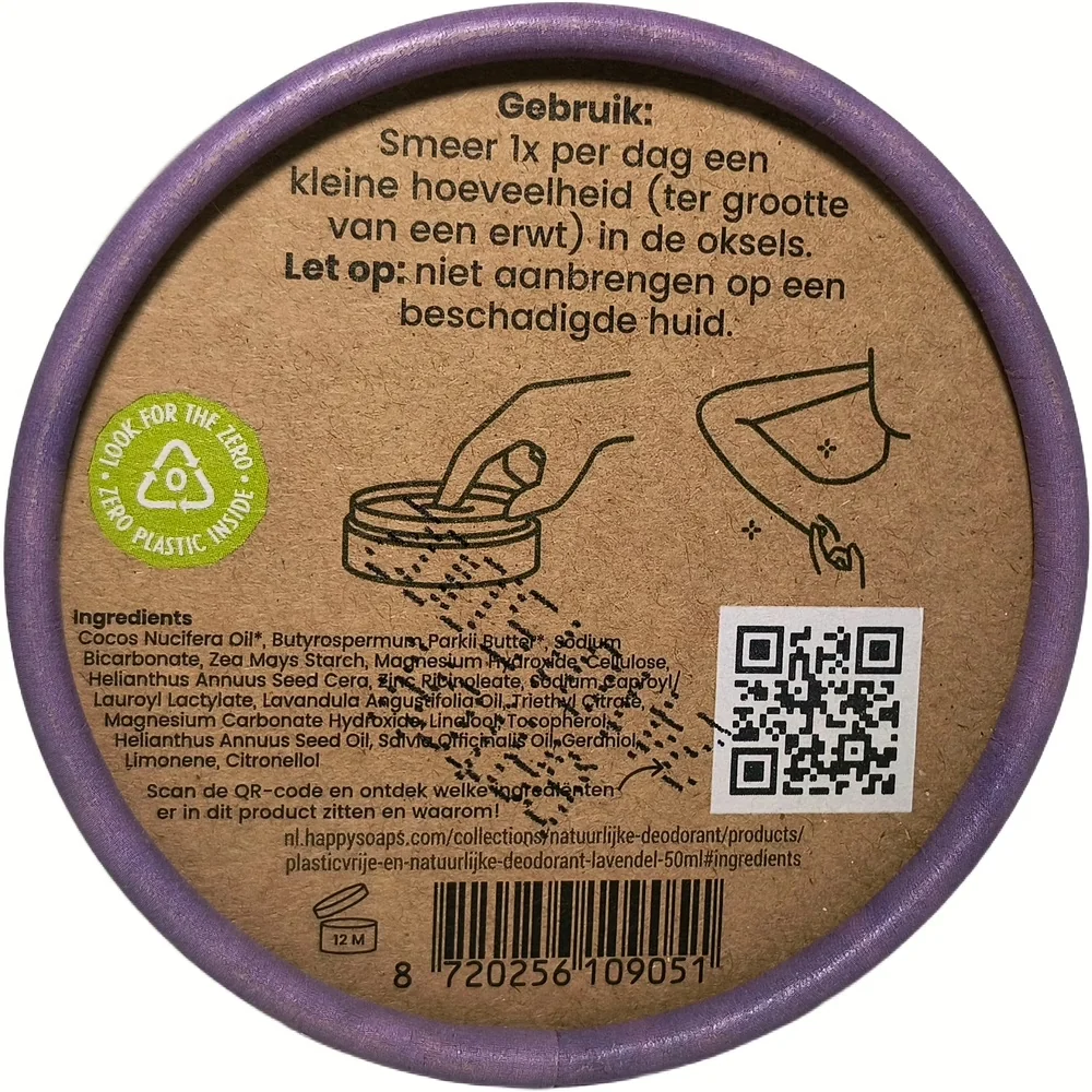 Onderkant van de verpakking van HappySoaps Natuurlijke Deodorant Lavendel met gebruiksaanwijzing en ingrediëntenlijst