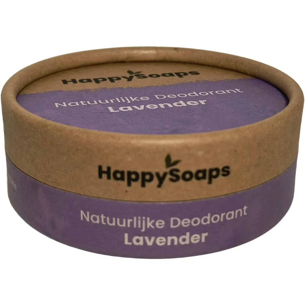 HappySoaps natuurlijke deodorant Lavendel in kartonnen verpakking, bovenaanzicht van het deksel