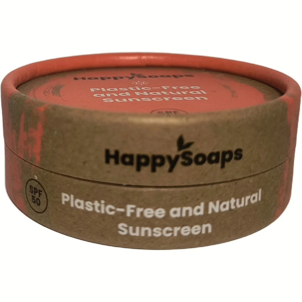 Kartonnen potje HappySoaps Natuurlijke Zonnebrand SPF 50, plasticvrij en natuurlijk verpakt
