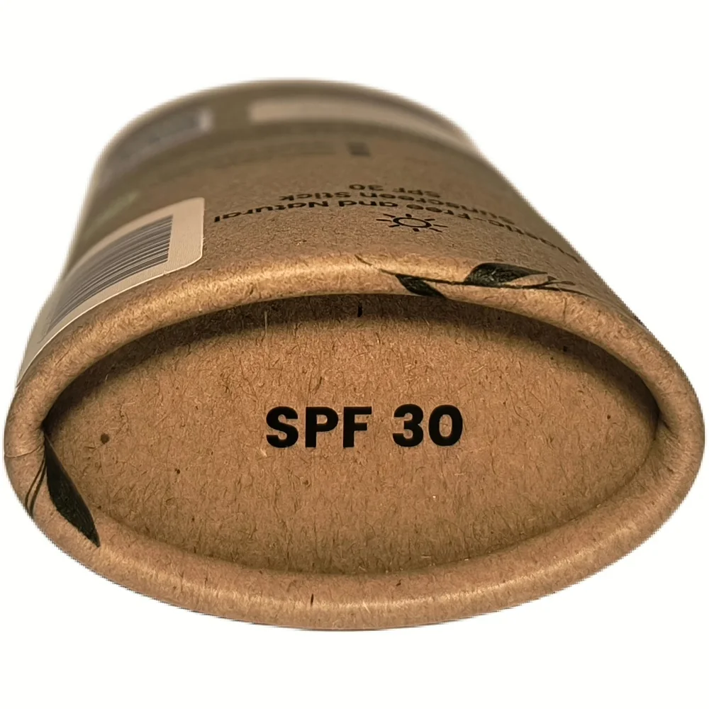 Onderkant van de kartonnen verpakking van HappySoaps Natuurlijke Zonnebrandstick SPF 30