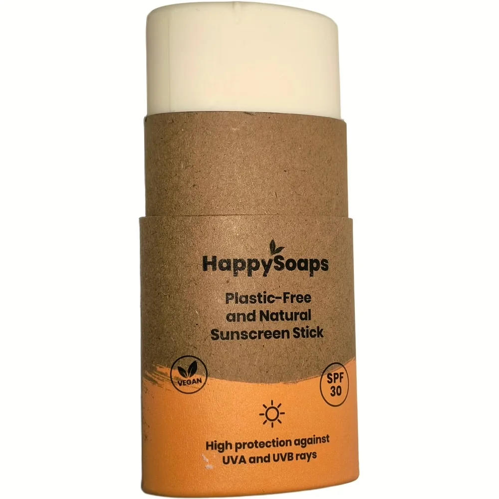 HappySoaps natuurlijke zonnebrandstick SPF 30 in plasticvrije kartonnen verpakking, zijaanzicht