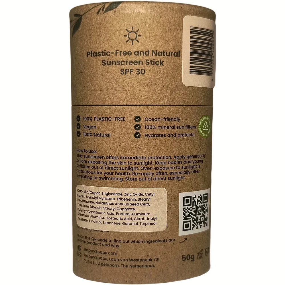 Zijkant van de kartonnen verpakking van HappySoaps Natuurlijke Zonnebrandstick SPF 30 met ingrediënten en gebruiksaanwijzing