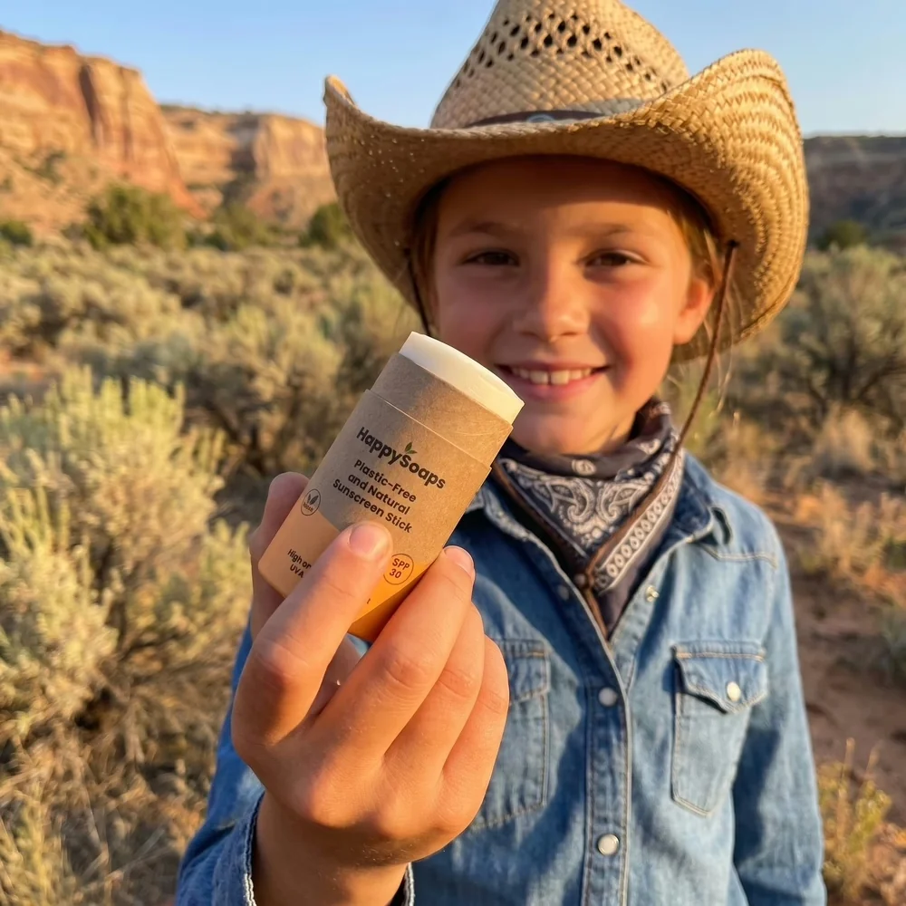 Meisje met cowboyhoed in de woestijn houdt de plasticvrije natuurlijke zonnebrandstick SPF 30 van HappySoaps vast