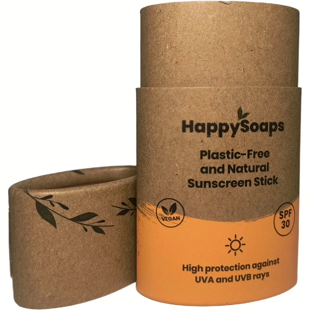 HappySoaps plasticvrije en natuurlijke zonnebrandstick met SPF 30 in kartonnen verpakking, vegan en tegen UVA en UVB stralen