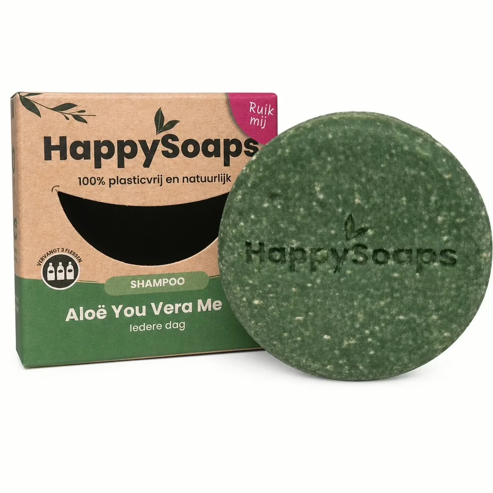 HappySoaps - Shampoo Bar – Aloe Vera – Aloe You Vera Much - Doosje en shampoo bar
