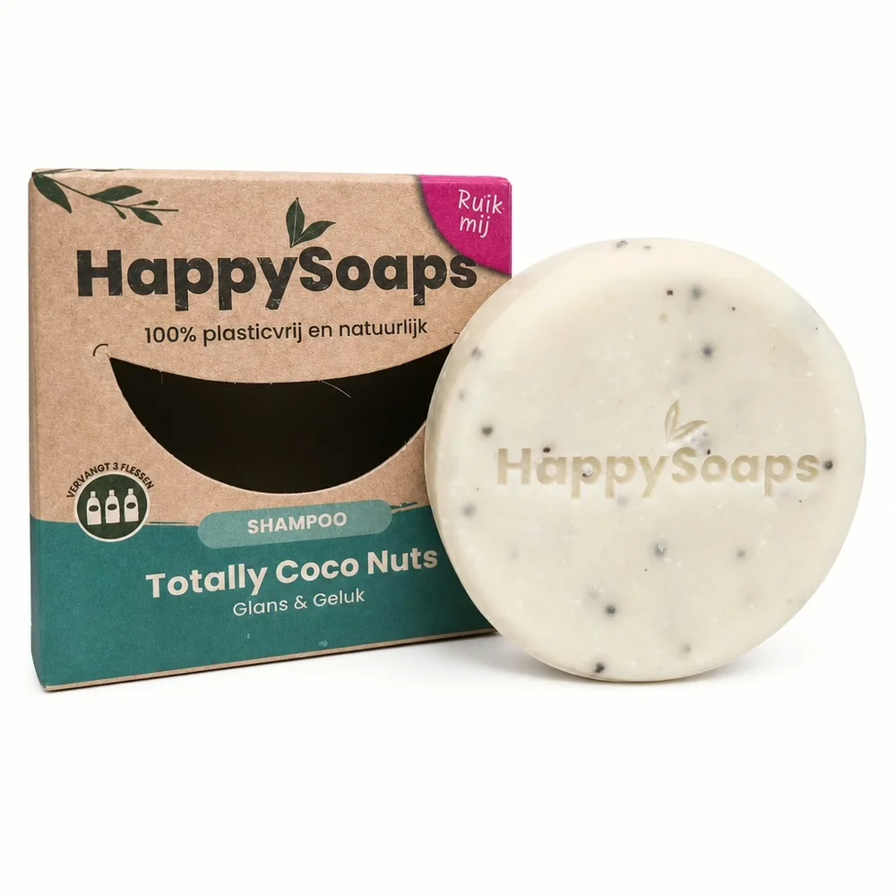 HappySoaps - Shampoo Bar – Totally Coco Nuts – Pure Voeding & Glans - Doosje en zeep