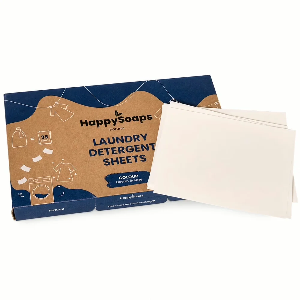 HappySoaps wasmiddelstrips doosje Ocean Breeze met stapel losse strips ernaast