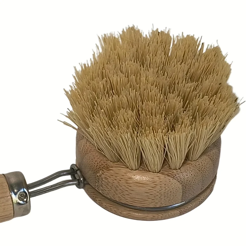 Jungle Culture bamboe afwasborstel met stevige plantaardige haren en metalen greep, close-up bovenaanzicht
