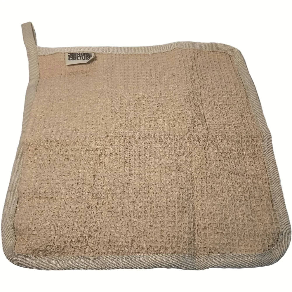 Jungle Culture biologische afwasdoek in beige wafeldesign met opknoophengsel, bovenaanzicht
