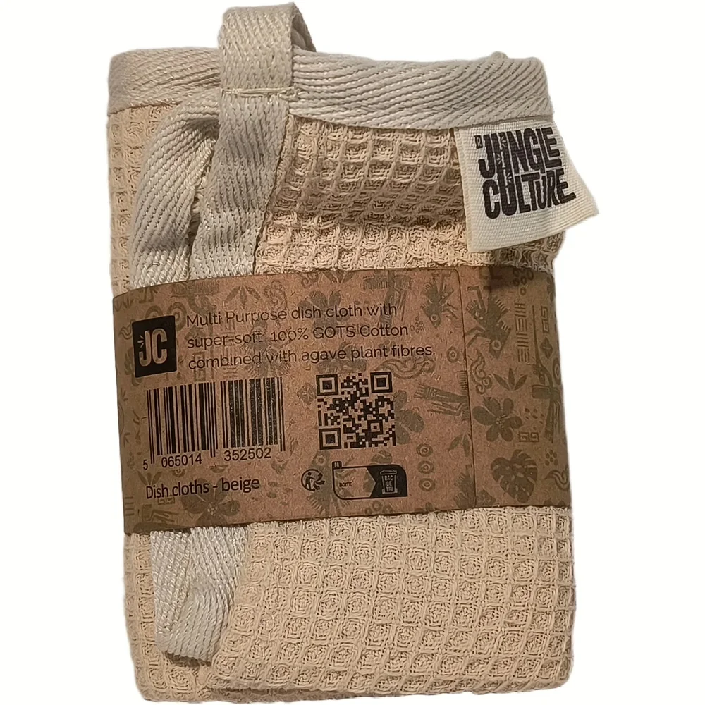 Beige gerecycleerde verpakking van Jungle Culture biologische afwasdoeken met kraftpapieren label en QR-code