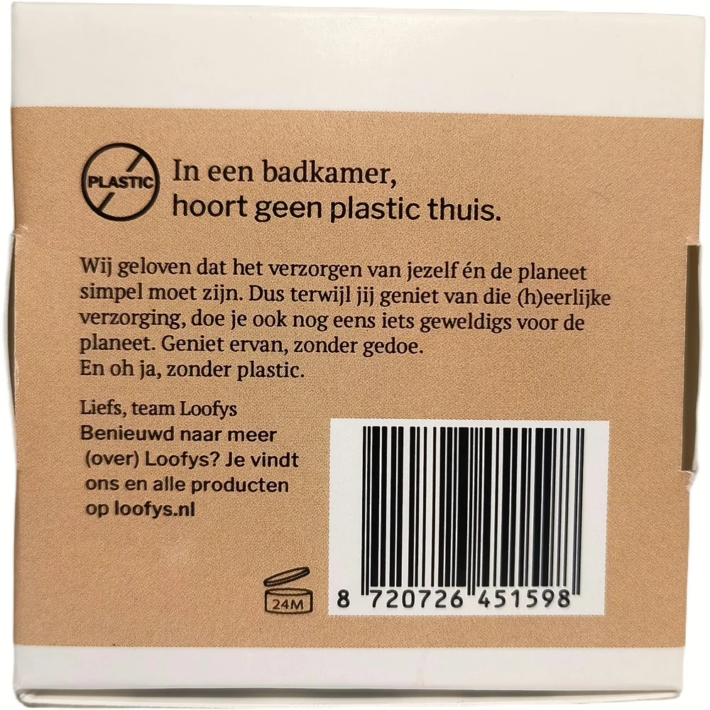 Achterkant verpakking van Loofys Konjac Gezichtsscrub met plasticvrij symbool en productinformatie