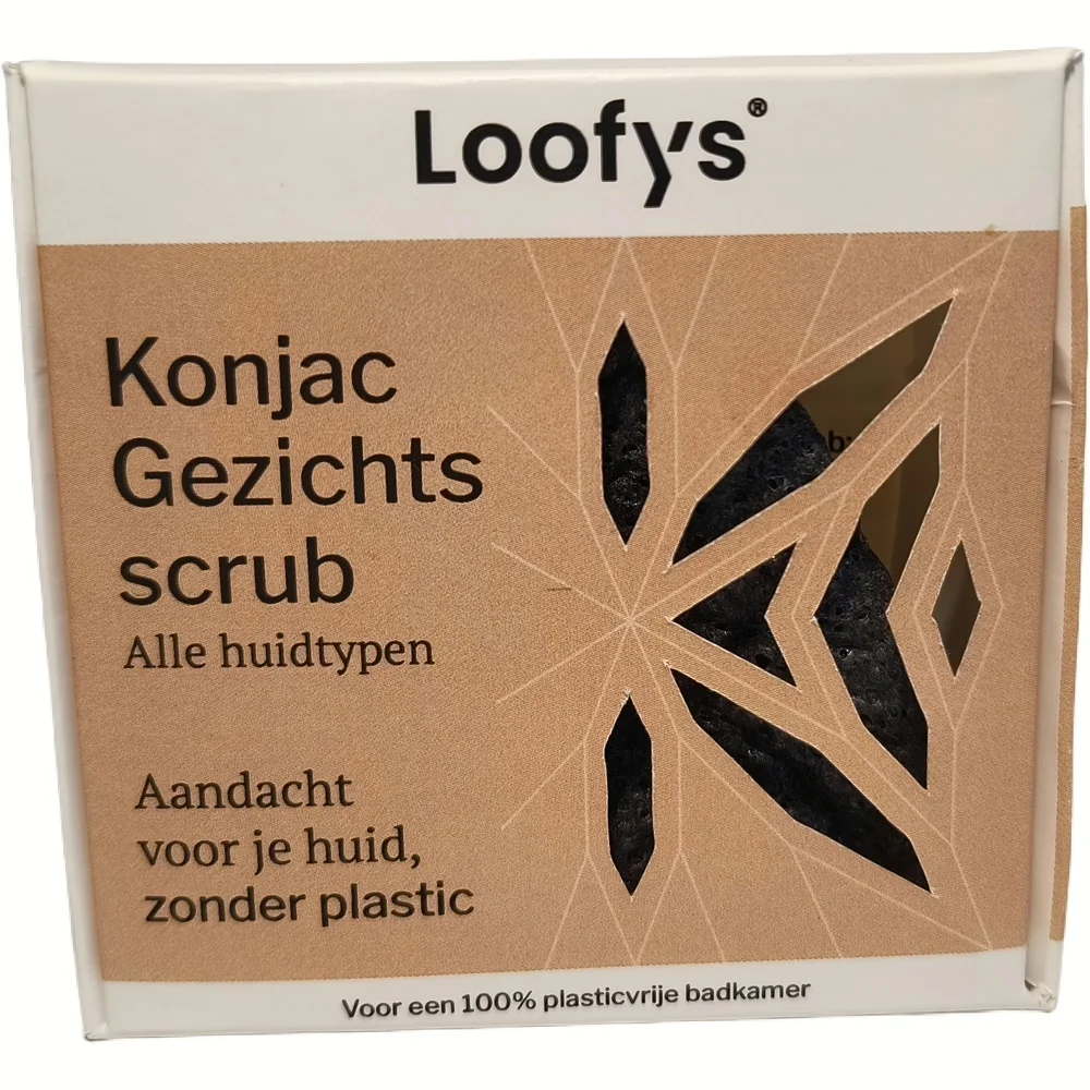 Voorkant van het doosje van Loofys Konjac Gezichtsscrub voor alle huidtypen, plasticvrij