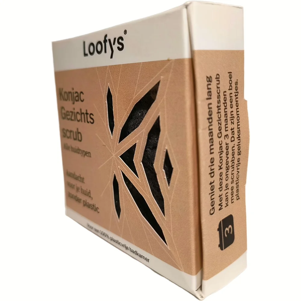 Zijkant van het verpakkingsdoosje van de Loofys Konjac Gezichtsscrub met plastic vrij symbool