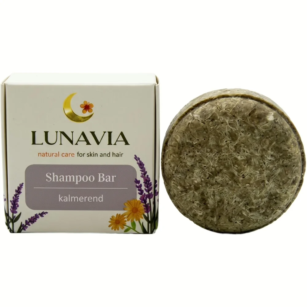 Lunavia - Natural Calming Shampoo Bar – Kalmerend & Balancerend (65g) - Doosje en zeep