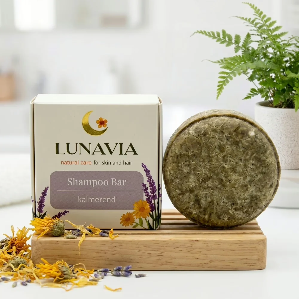 Lunavia kalmerende shampoo bar met lavendel en goudsbloem naast doosje en groene plant
