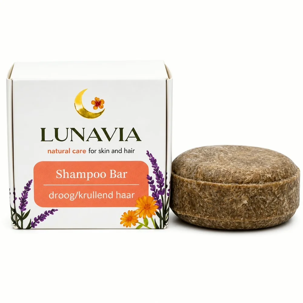 Lunavia - Natuurlijke Shampoo Bar voor Droog & Krullend Haar (65g) - Doosje en zeep