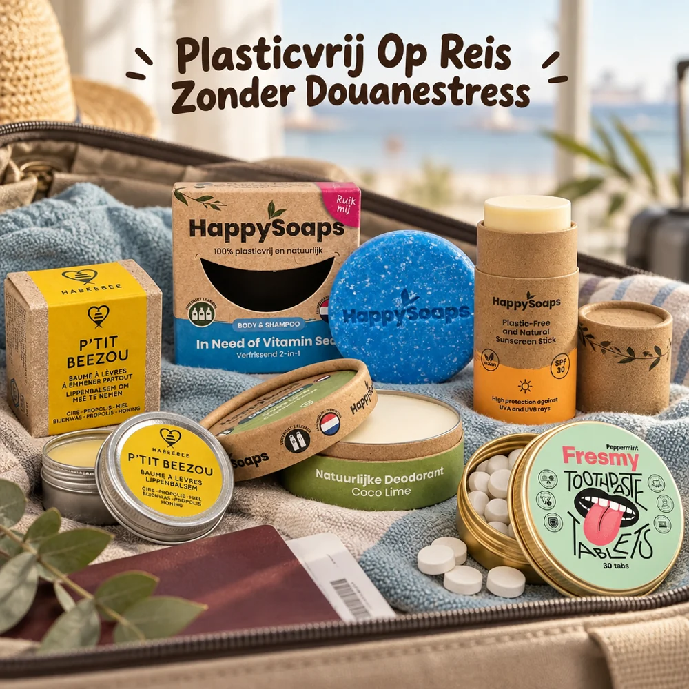 Vijf plasticvrije reisverzorgingsproducten in een open koffer: lippenbalsem, 2-in-1 wasblok, deodorant, zonnebrandstick en tandpastatabletten