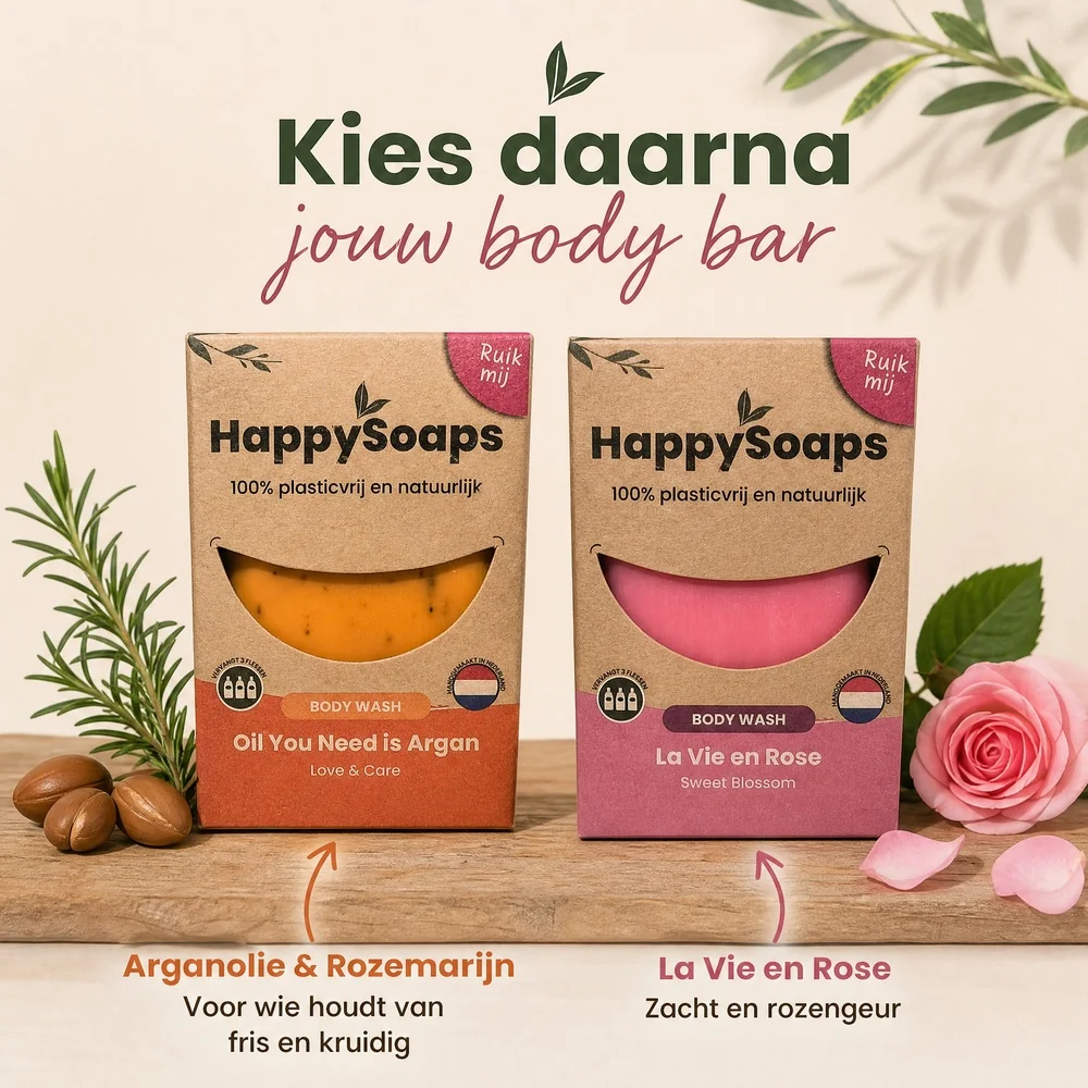 Twee verpakkingen HappySoaps body bar, Oil You Need is Argan en La Vie en Rose, met rozemarijn en een roos