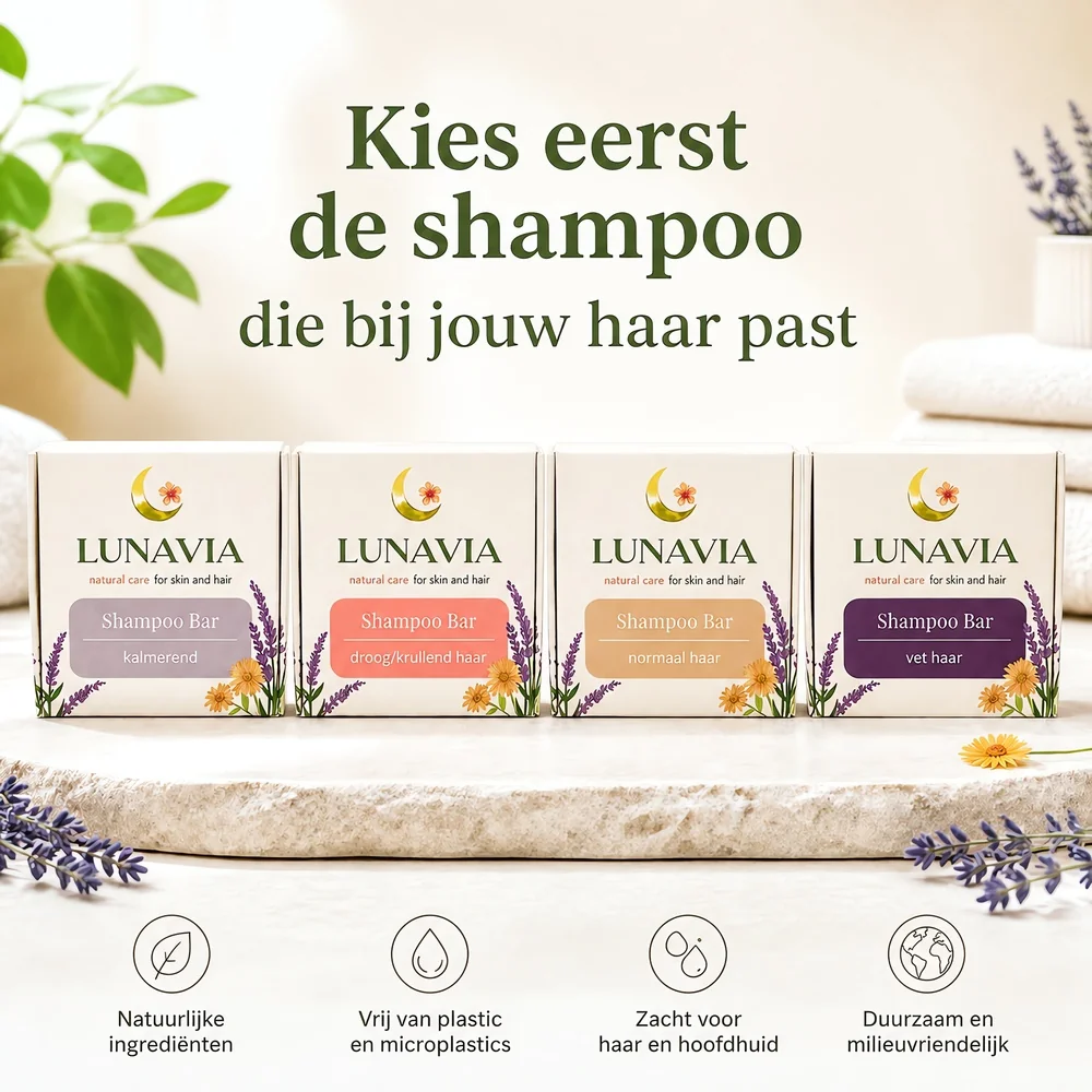 Vier Lunavia shampoo bars in verschillende kleuren voor elk haartype, natuurlijk en plasticvrij