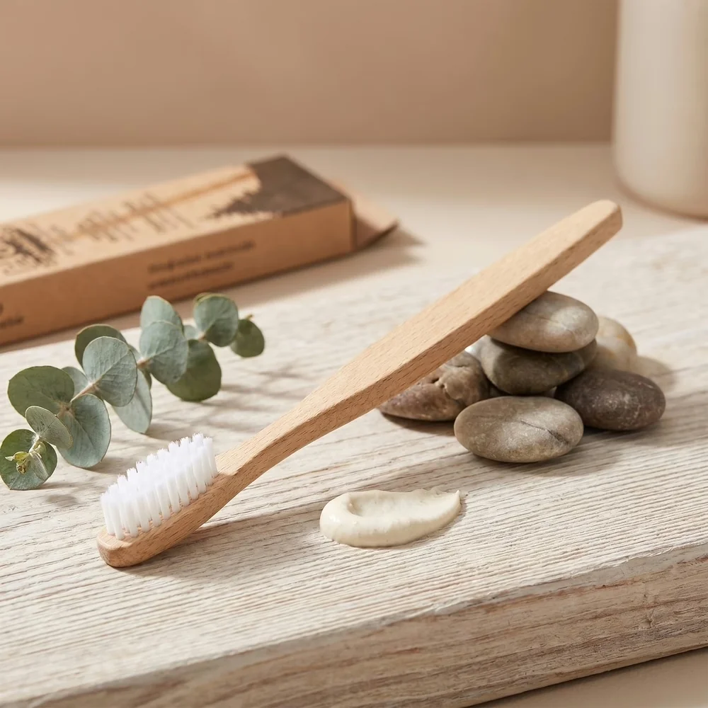 Purely Wood tandenborstel Zwarte Woud in beukenhout met nylon haren op een houten plank tussen kiezelstenen en eucalyptustakje