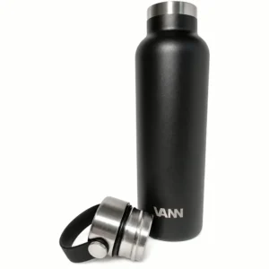 Zwarte VANN Bottles Essential RVS waterfles van 600ml met losse dop ernaast, plasticvrij drinken