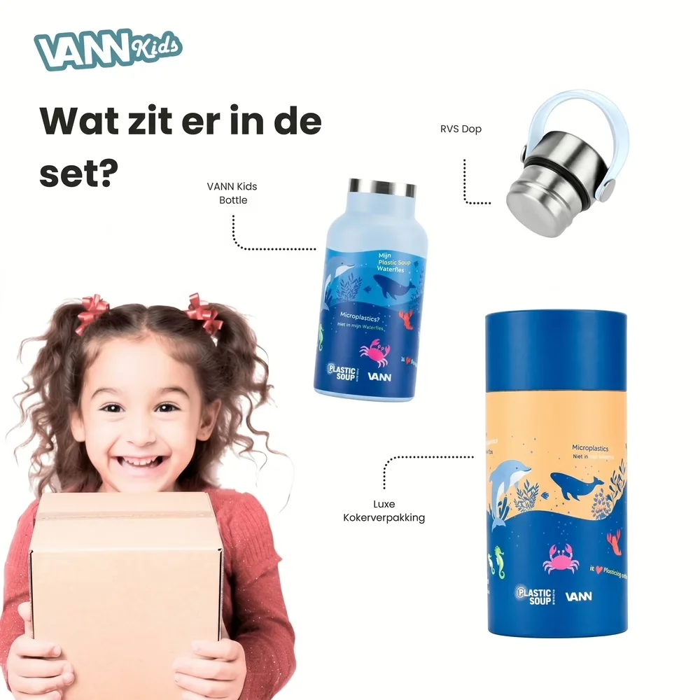 VANN Kids waterfles Ocean Blue met rvs dop en luxe kokerverpakking, lachend meisje met doos op de voorgrond