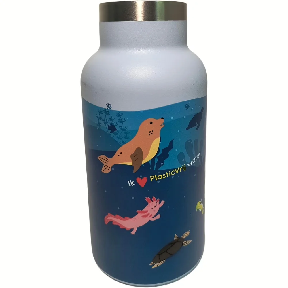 VANN Kids Bottle Ocean Blue met witte dop en print van zeehond, axolotl en zeeschildpad, plasticvrij drinken