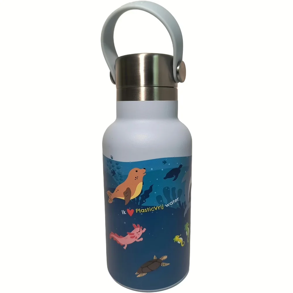 VANN Bottles Plastic Soup Foundation Kids Bottle in Ocean Blue met zeedieren, RVS drinkfles voor plasticvrij drinken