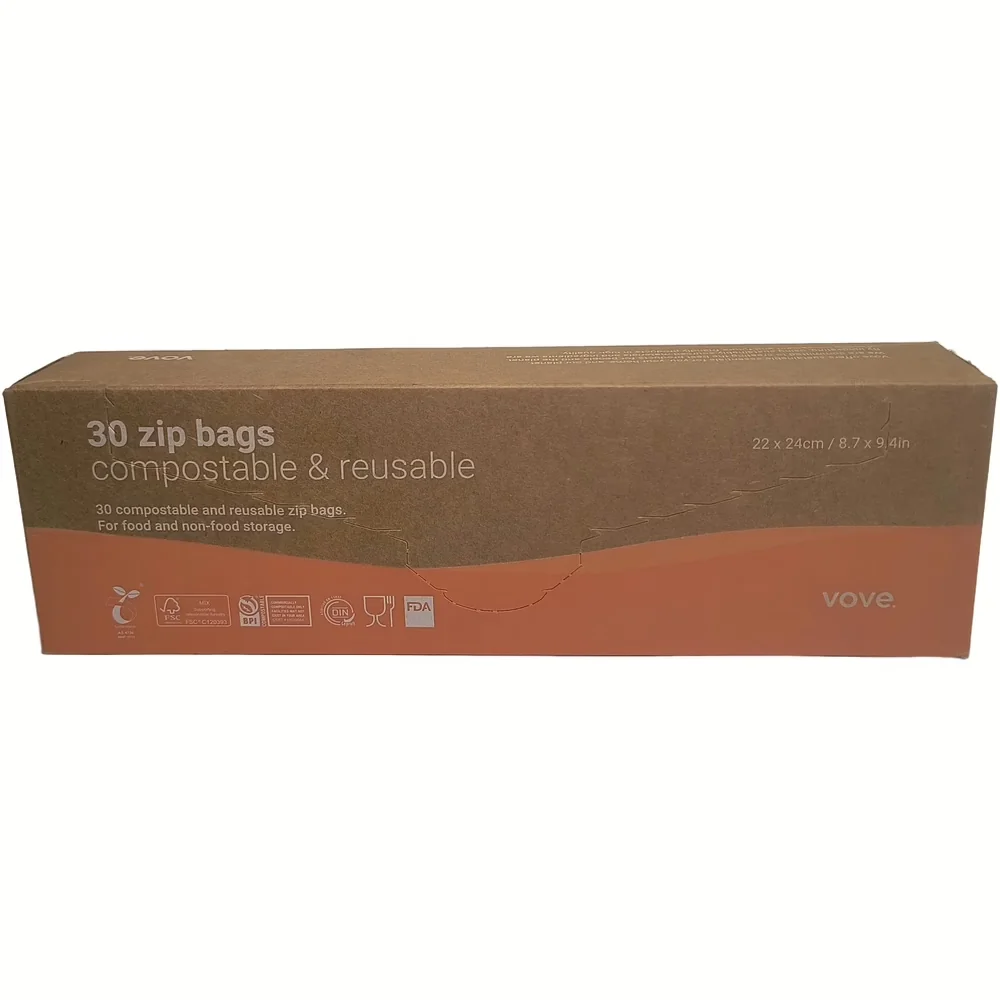 Voorkant van doosje Vove plantaardige zip bags, compostabel en herbruikbaar, 30 stuks van 22 x 24cm