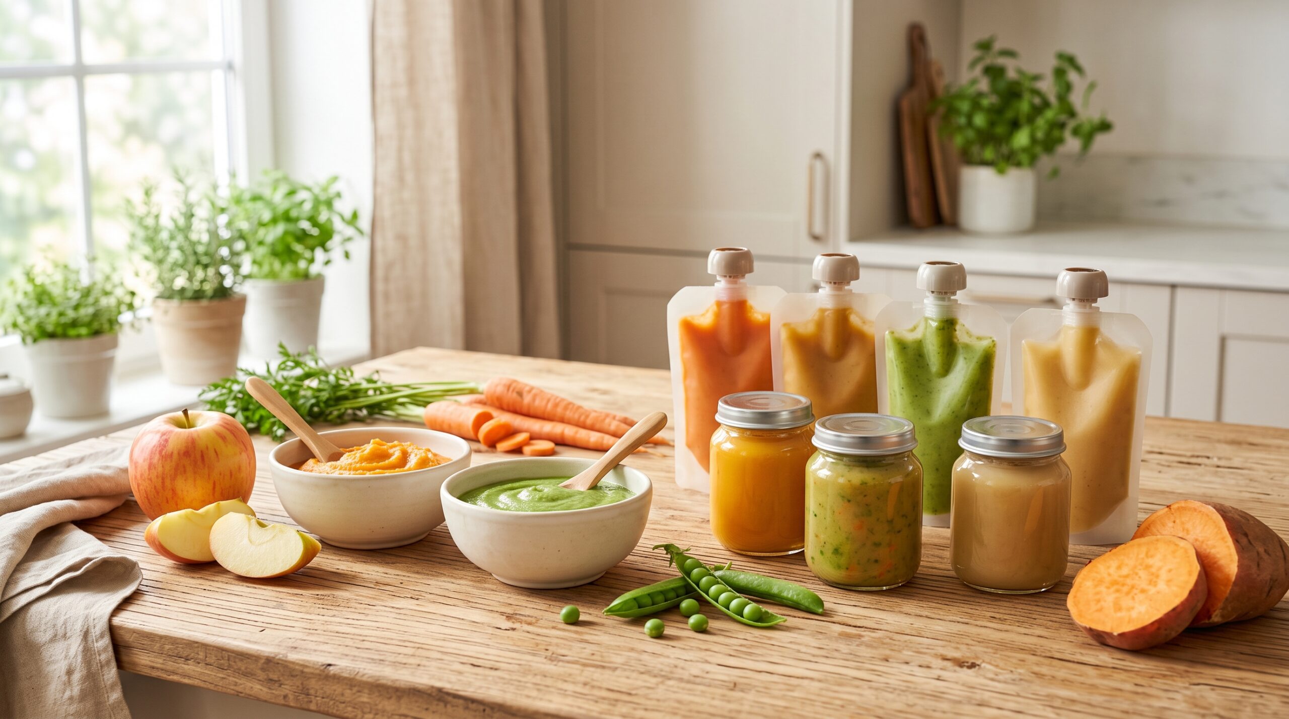 Babyvoedingpurees in zakjes, glazen potjes en schaaltjes met verse groenten en fruit