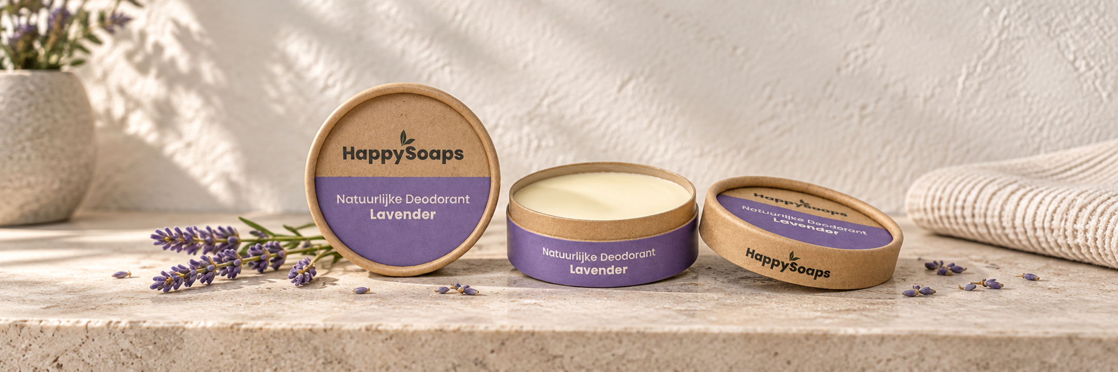 HappySoaps Natuurlijke Deodorant Lavendel, potje open met verse lavendeltakjes