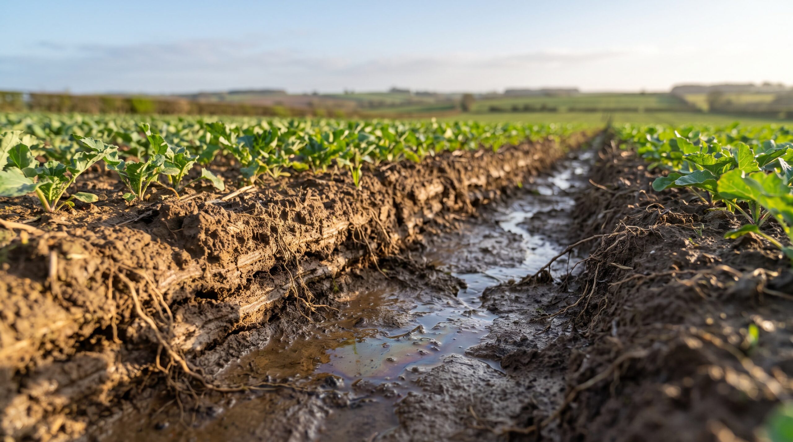 Ondiepe erosiegeul voert glanzend regenwater door akkergrond langs jonge groene gewassen