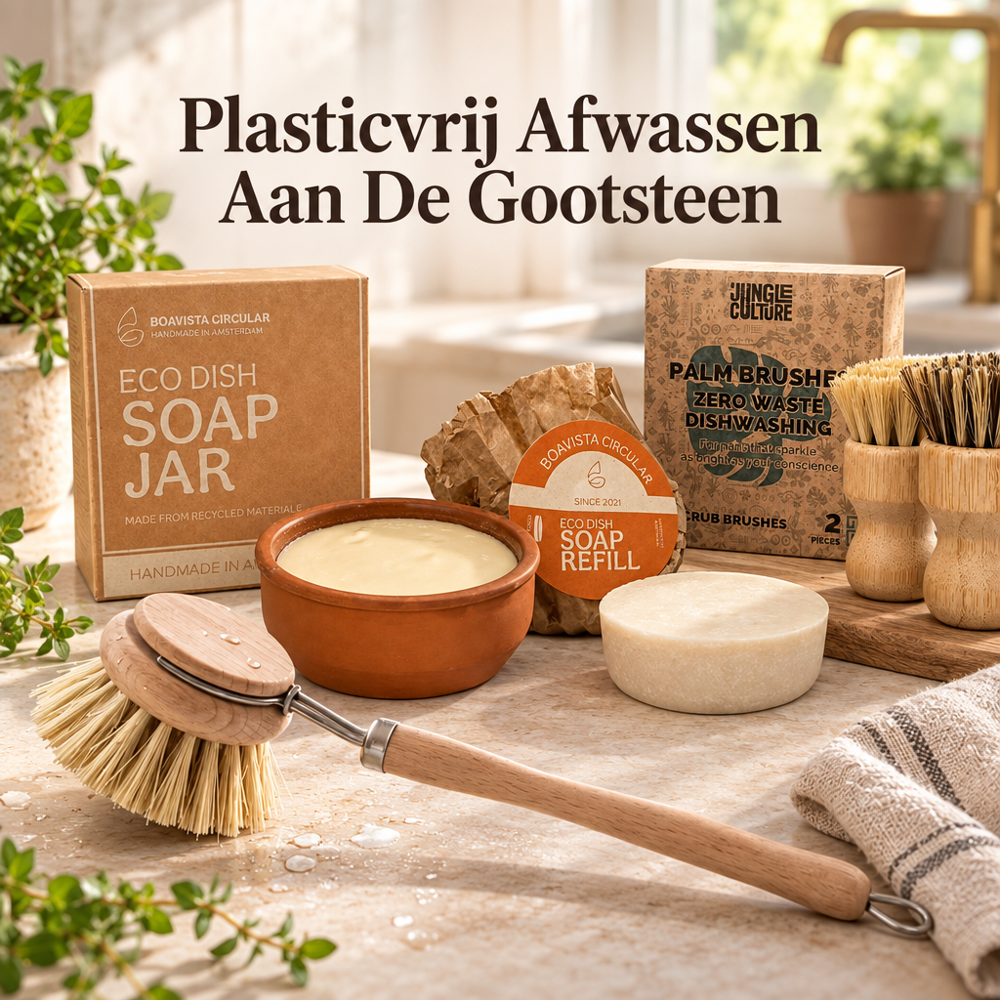 Plasticvrij Afwassen Aan De Gootsteen: Boavista afwaszeep, navulling, Jungle Culture pan- en schrobborstels en Purely Wood afwasborstel