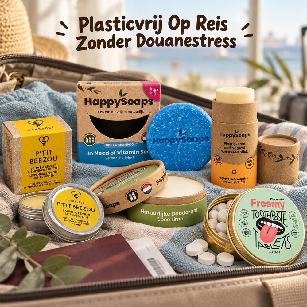 Vijf plasticvrije reisverzorgingsproducten in een open koffer: lippenbalsem, 2-in-1 wasblok, deodorant, zonnebrandstick en tandpastatabletten