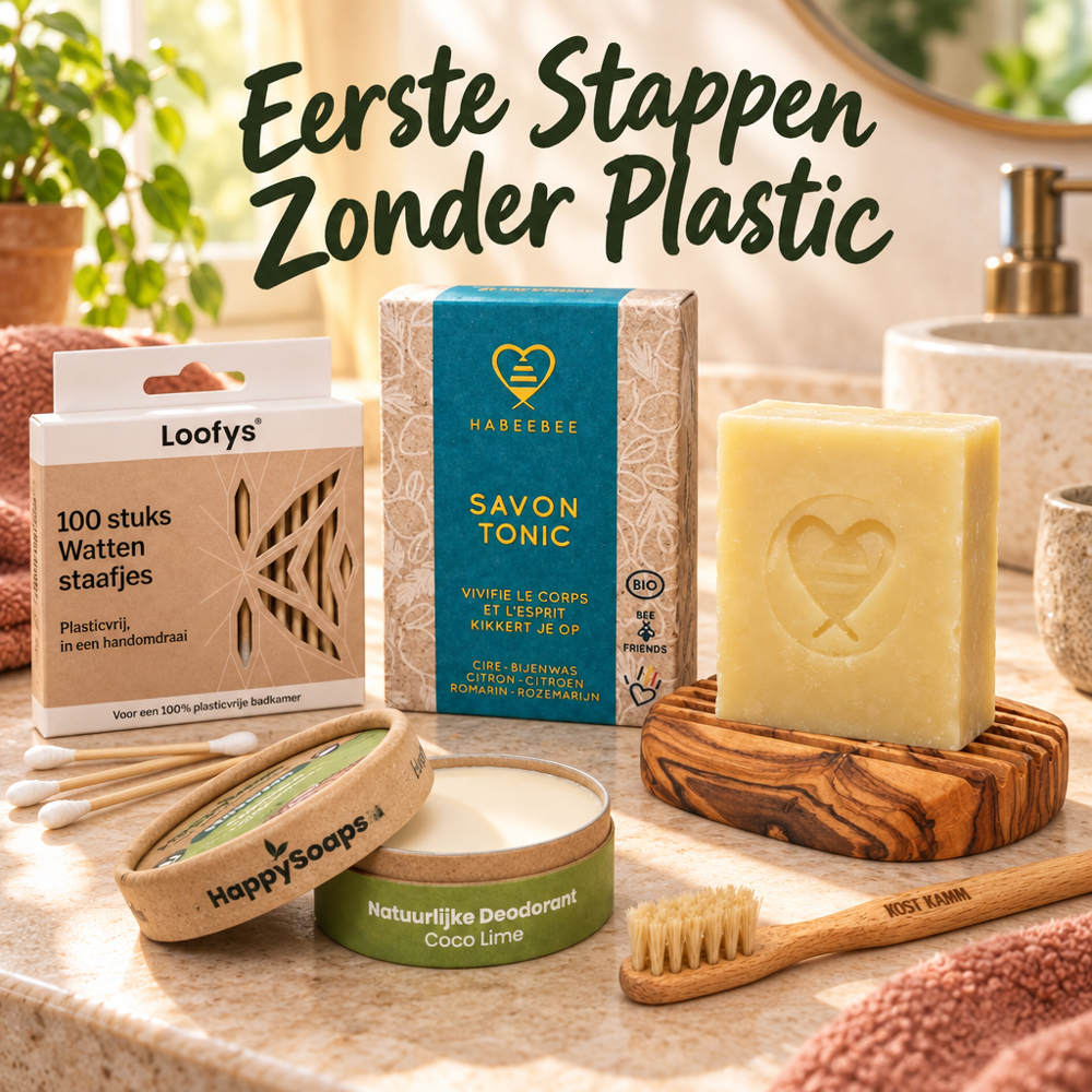 Eerste Stappen Zonder Plastic: Habeebee zeep, olijfhouten zeepbakje, beukenhouten tandenborstel, HappySoaps deodorant en Loofys wattenstaafjes