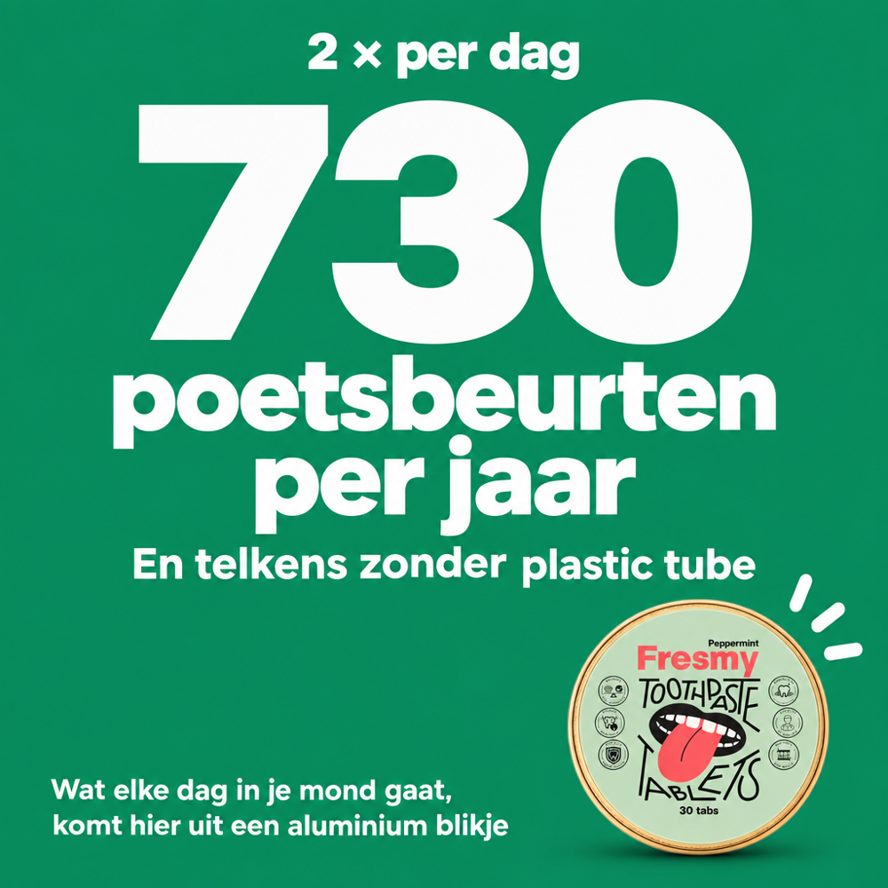 Fresmy Tandpasta Tablets blikje naast een plastic tandpastatube