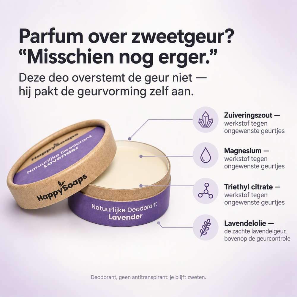 HappySoaps Natuurlijke Deodorant Lavendel met uitleg over zuiveringszout, magnesium, triethyl citrate en lavendelolie