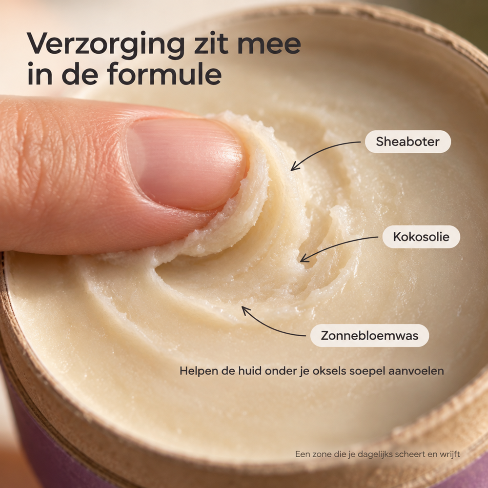 Close-up van de crèmetextuur van de HappySoaps Natuurlijke Deodorant Lavendel met sheaboter, kokosolie en zonnebloemwas