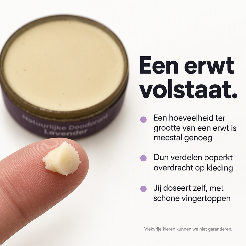 Eén erwtgrote klodder HappySoaps Natuurlijke Deodorant Lavendel naast het open potje