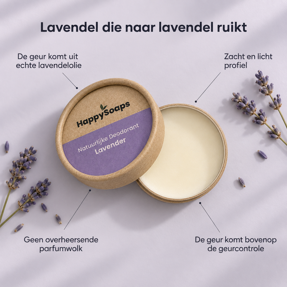 HappySoaps Natuurlijke Deodorant Lavendel omringd door verse lavendeltakjes