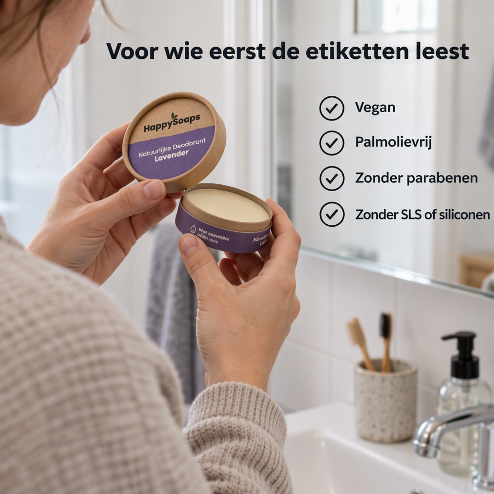 Iemand leest het etiket van de HappySoaps Natuurlijke Deodorant Lavendel: vegan, palmolievrij, zonder parabenen, SLS of siliconen