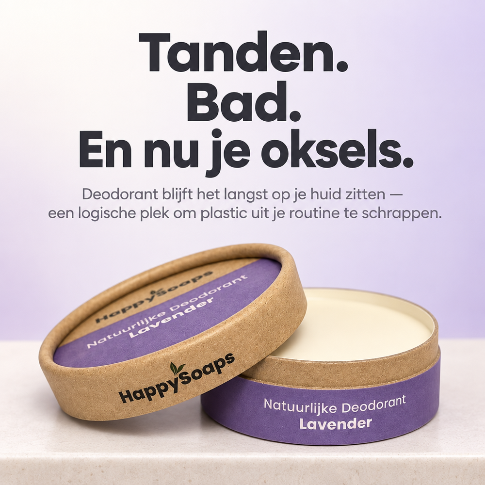 HappySoaps Natuurlijke Deodorant Lavendel als volgende stap in een plasticvrije badkamerroutine